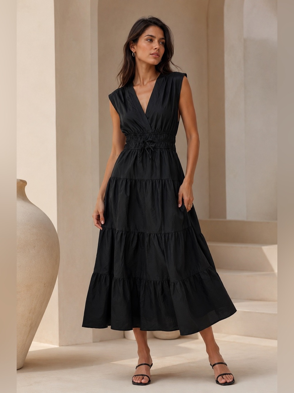 REBELLION Black Sleeveless Tiered Maxi Dress Smocked Waist NWT Size L